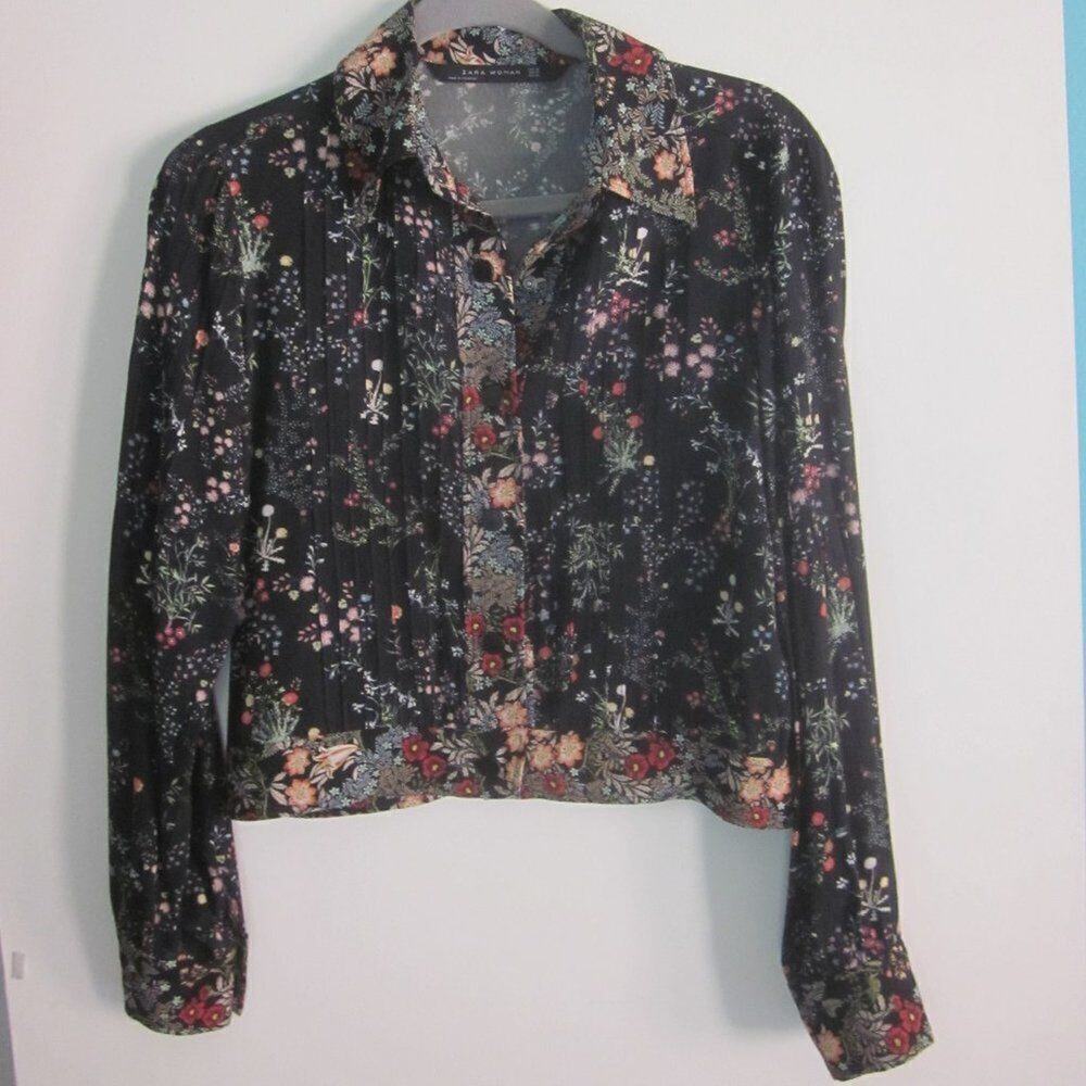 Zara Black Floral Shirt Jacket XS Cropped Snap Front Top Oversized Fits S & M